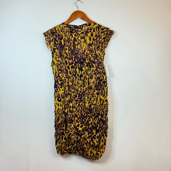 All Saints Hali Pleated Leopard Notes Yellow Multi Mini Dress Size 8 NWT - Picture 9 of 16